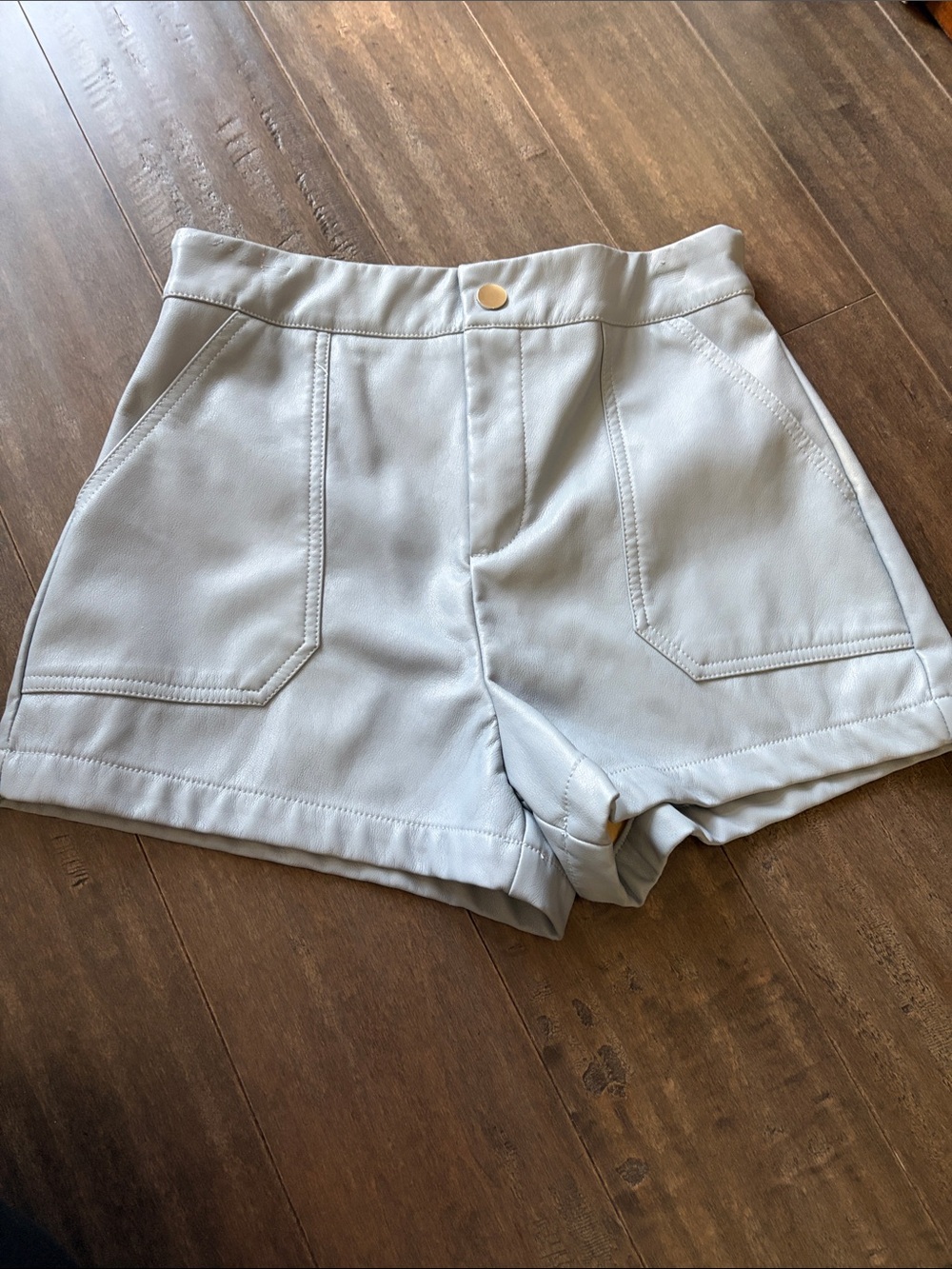 High-Waist Light Blue/Gray Women's Faux Leather Shorts